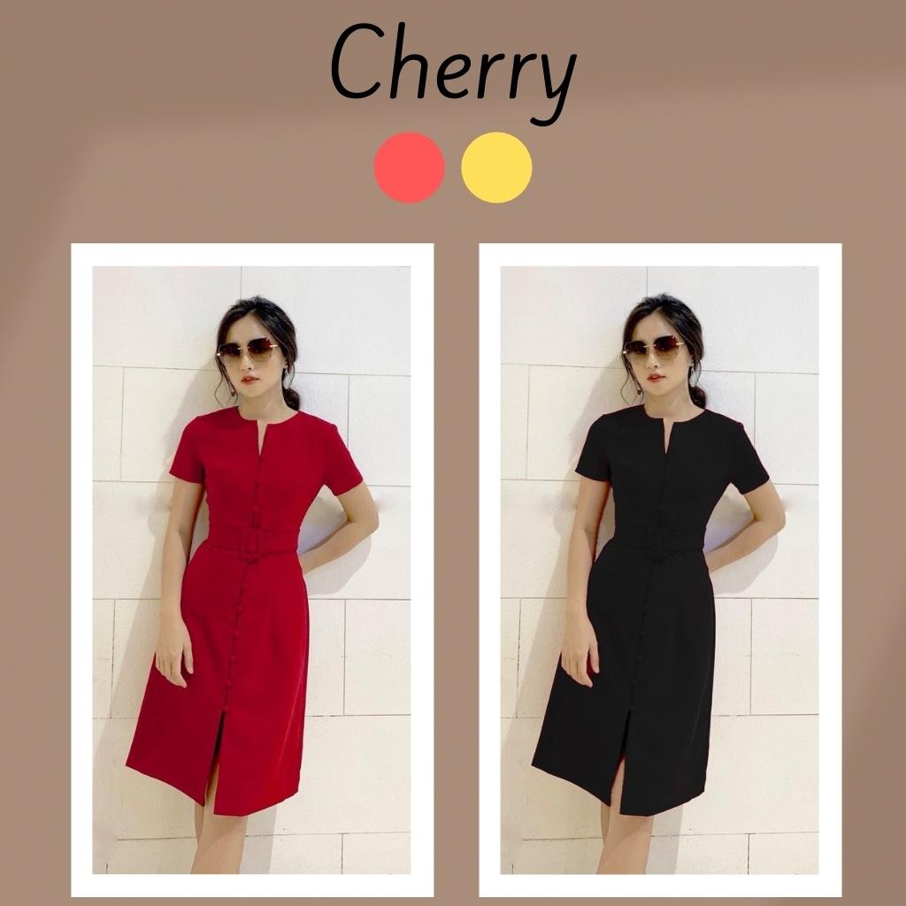 Váy nữ maxi công sở có đai thắt eo sang trọng CHERRY đầm nữ maxi thiết kế có đai cổ tàu cá tính V036