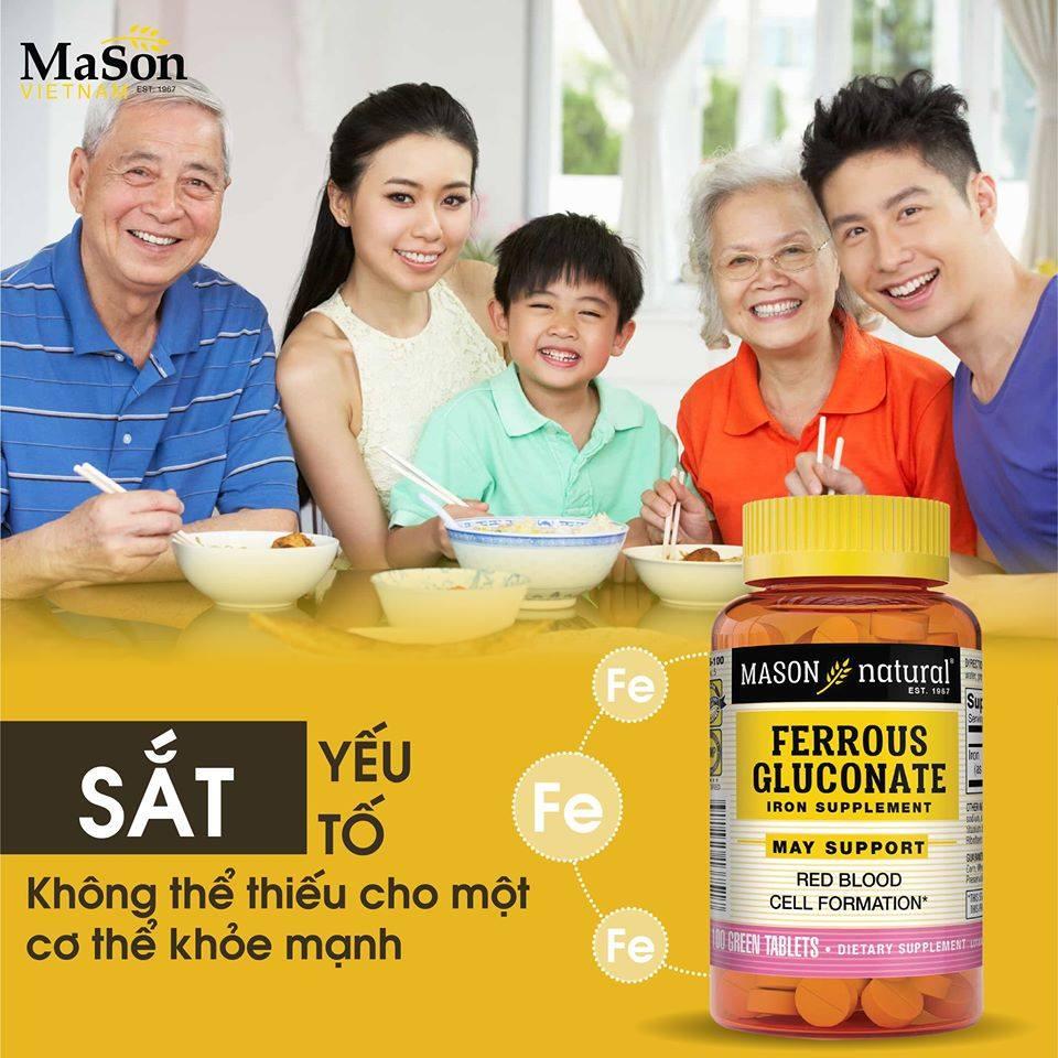 Viên uống bổ sung sắt hữu cơ Mason Natural Ferrous Gluconate hỗ trợ giảm hoa mắt chóng mặt do thiếu máu bảo vệ tim mạch
