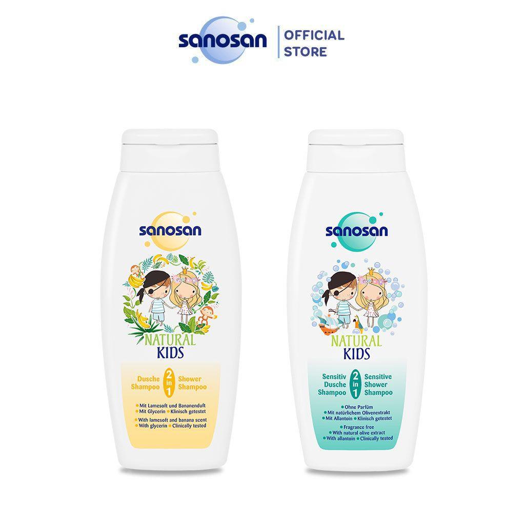 Sữa tắm gội Sanosan Olive dưỡng ẩm da nhạy cảm 250ml + Sữa tắm gội Sanosan dưỡng ẩm hương chuối 250ml