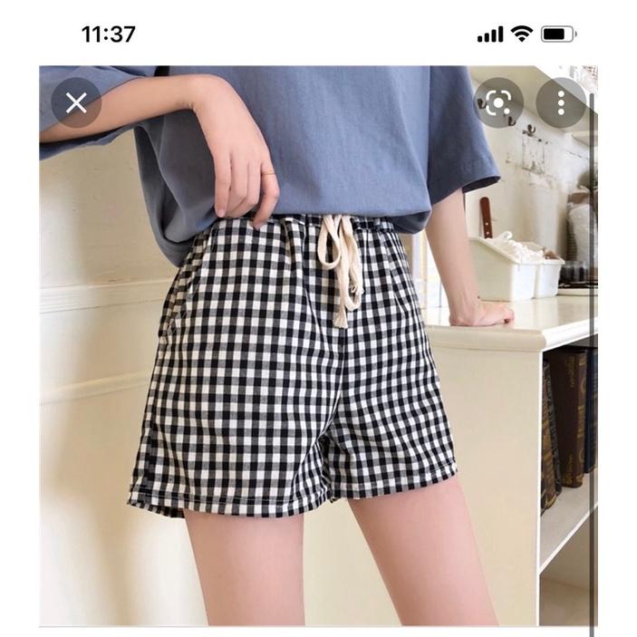 Quần short kẻ caro- quần sooc đùi ống rộng caro chất thô đũi phong cách ulzzang