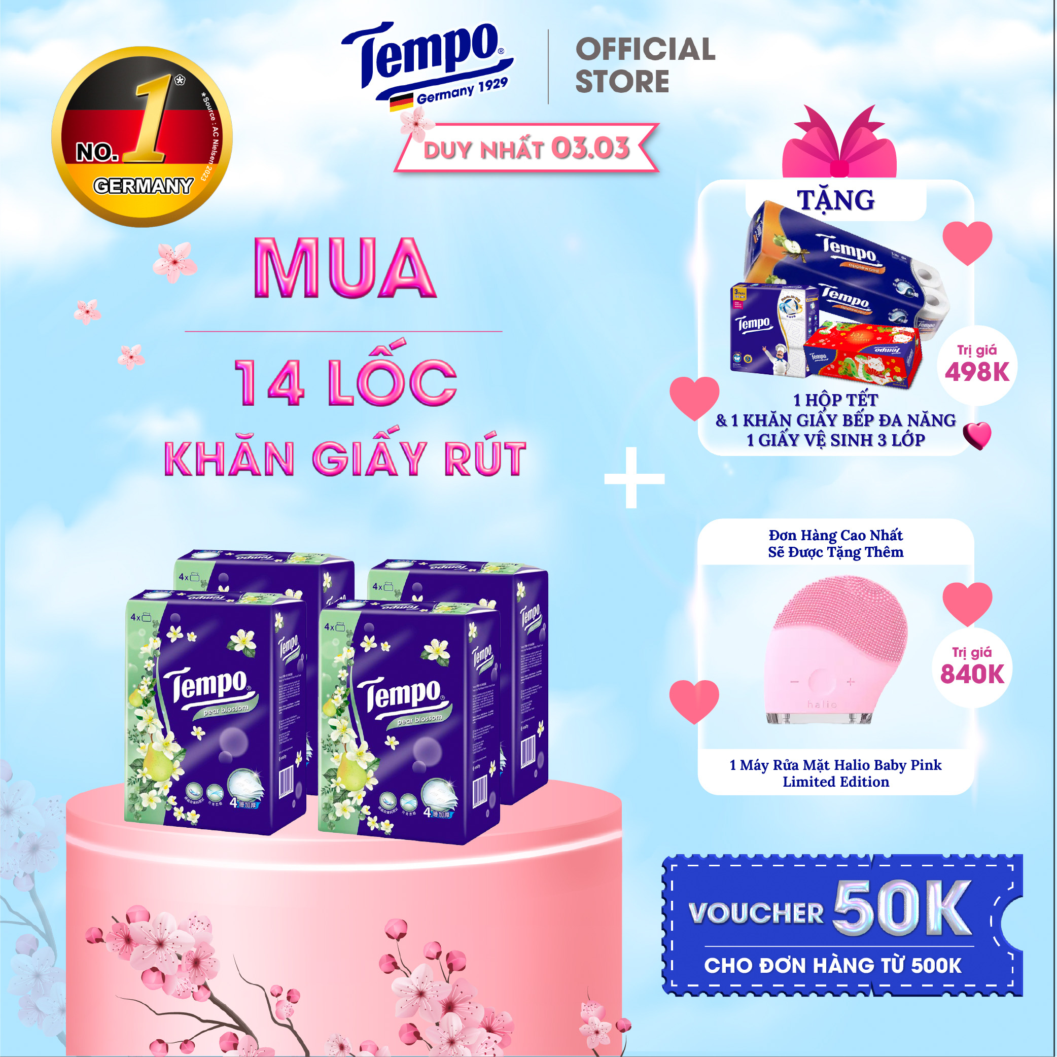 [MUA 14 LỐC TẶNG 1 LỐC GVS 3 LỚP VÀ 1 LỐC GVS 3 LỚP + 1 BĂNG ĐÔ THỎ + 1 CHAI NIVEA] Khăn Giấy Rút Tempo 4 Lớp Bền Dai Thương Hiệu Đức