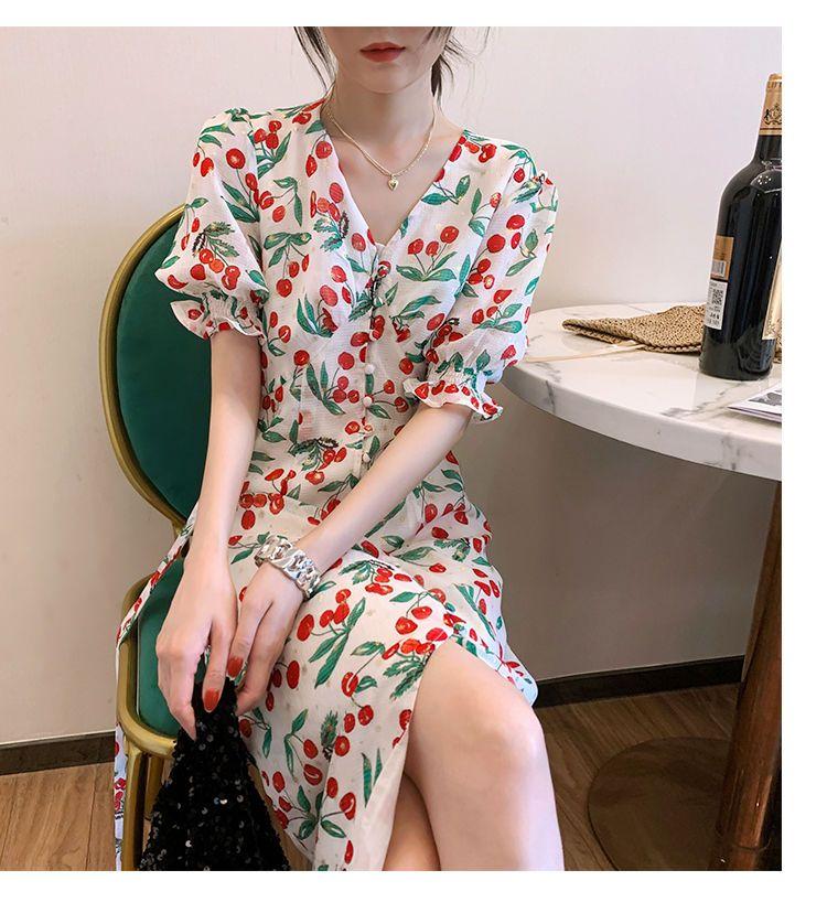 TOBE1SHOP 2021 mùa hè thắt lưng ngọt ngào trà nghỉ váy nữ Pháp anh đào chiffon hoa bong bóng tay áo đầm dài