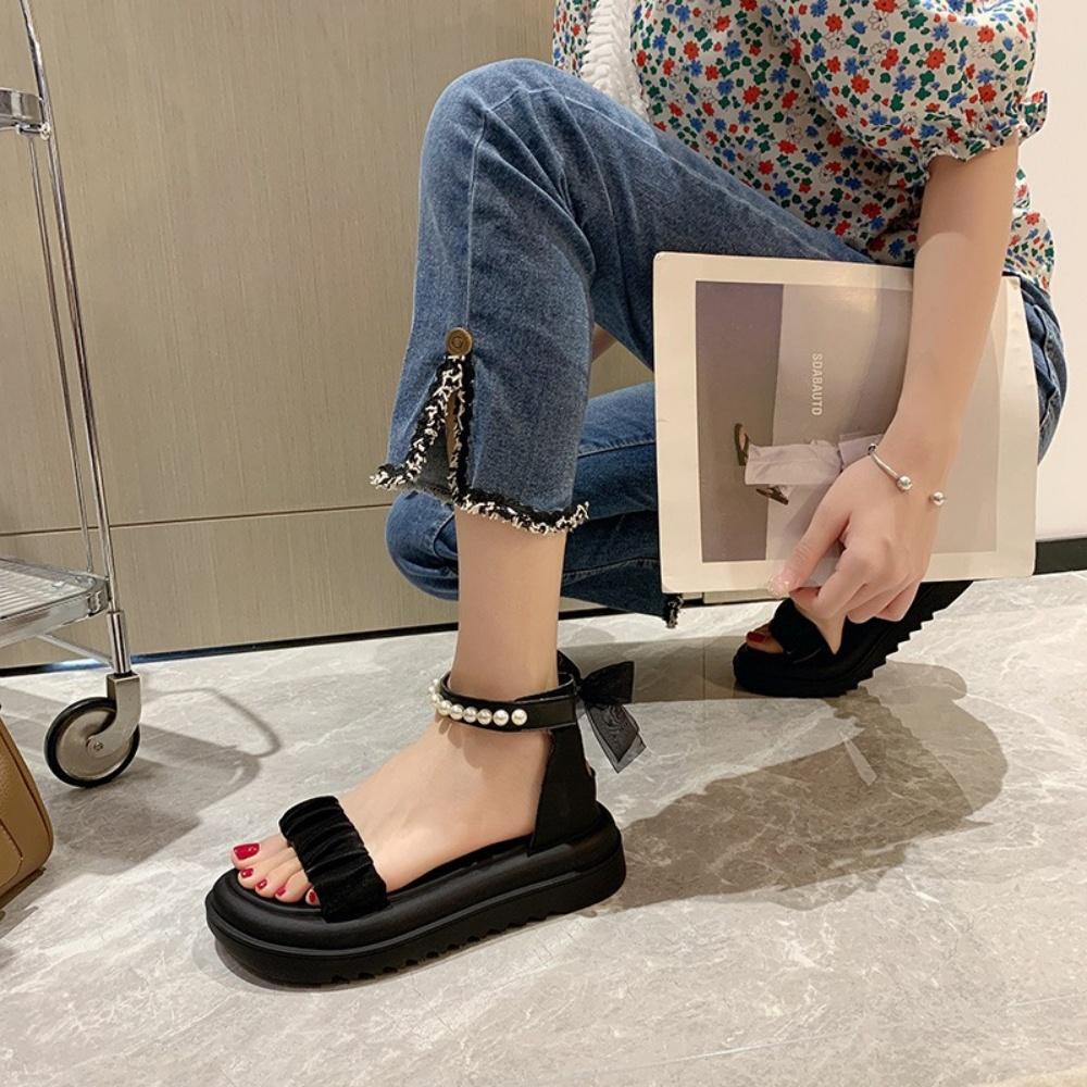 Sandal Nữ MWC 2936 - Sandal Đế Bánh Mì Hack Dáng, Giày Sandal Quai Ngang Nhún Tiểu Thư Phối Hạt Sang Chảnh