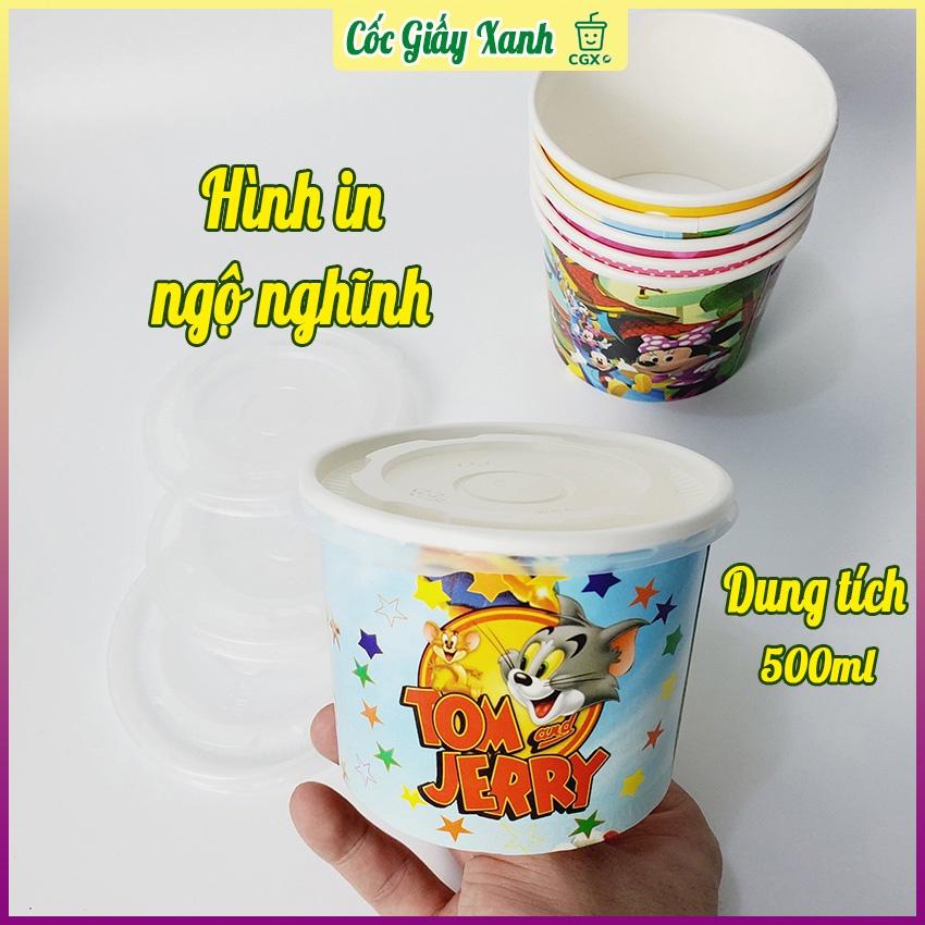 50 Tô Bát Giấy 500ml Có Nắp, In Họa Tiết Đựng Cháo Dinh Dưỡng, Xôi, Mì Phở