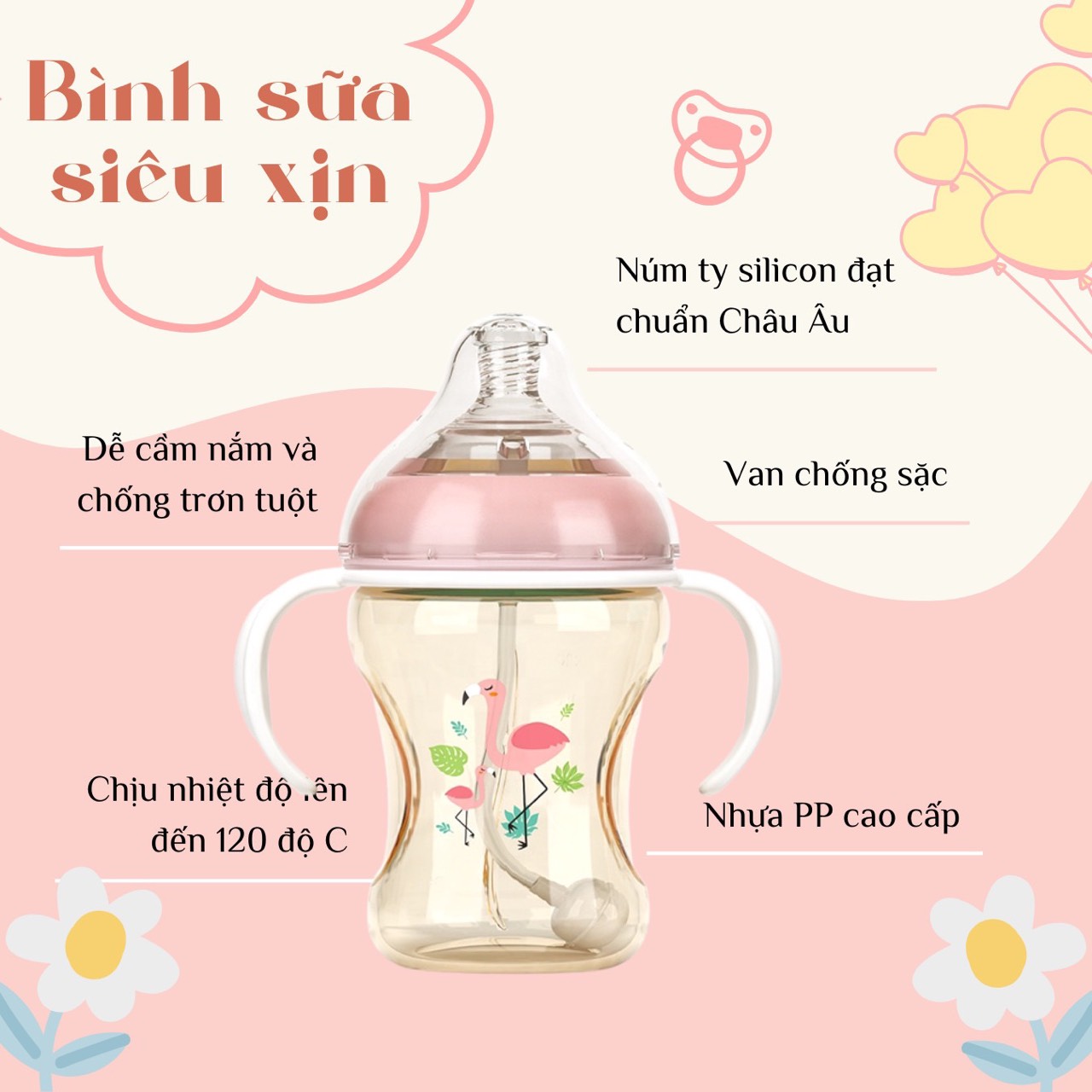 Bình Sữa Loluli PP Cổ Rộng Chống Sặc Cho Bé Chính Hãng - 300ml