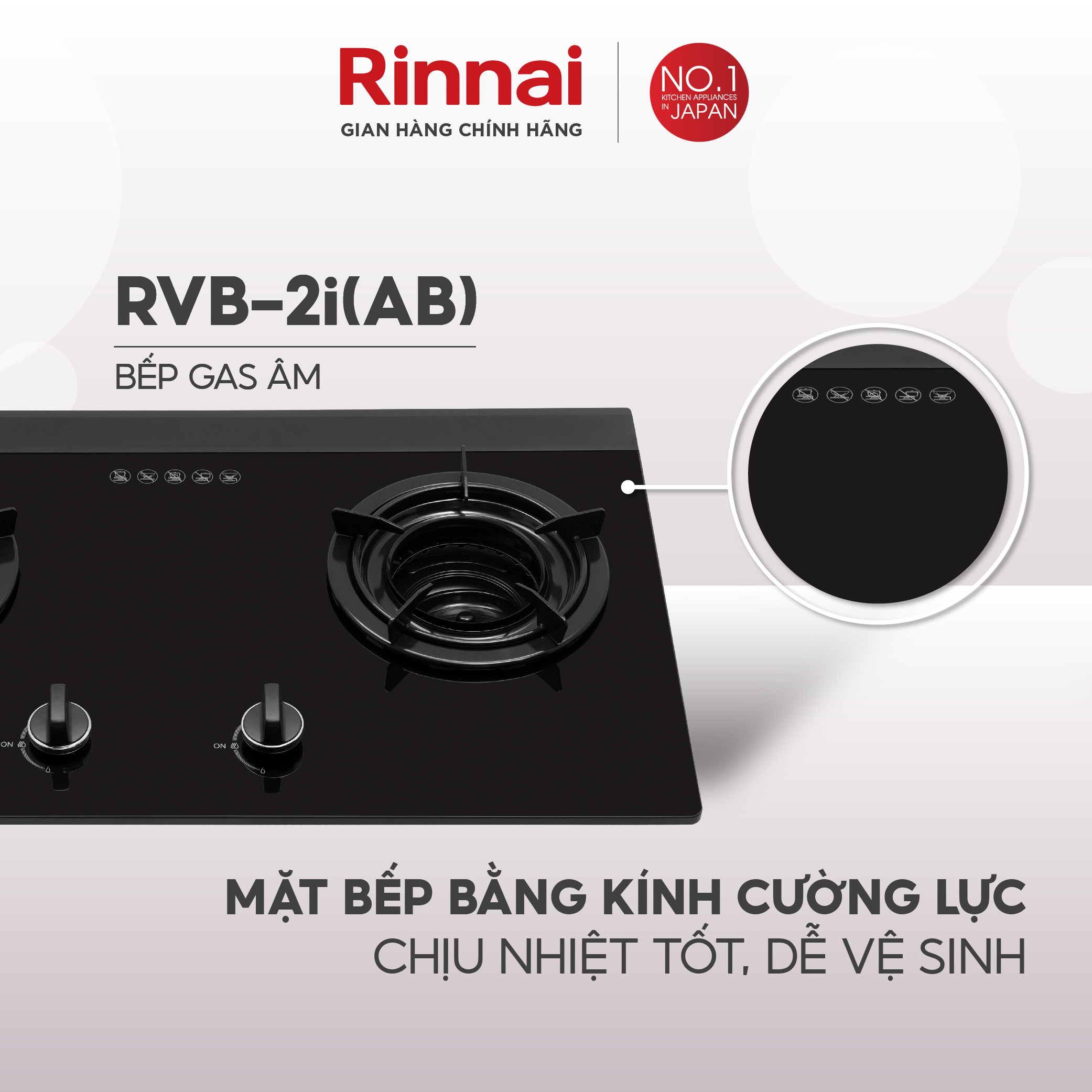 Bếp gas âm đầu đốt trong Rinnai RVB-2i mặt bếp kính và kiềng bếp men - Hàng chính hãng.