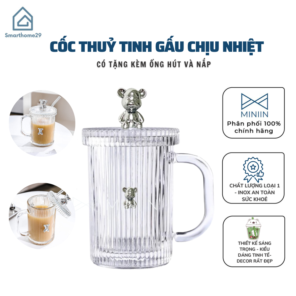 Cốc Thủy Tinh Giữ Nhiệt Hình Gấu Bearbrick, Cốc Uống Nước Đa Năng 400ML Có Nắp Đậy Tặng Kèm Ống Hút Sang Trọng - HÀNG CHÍNH HÃNG MINIIN