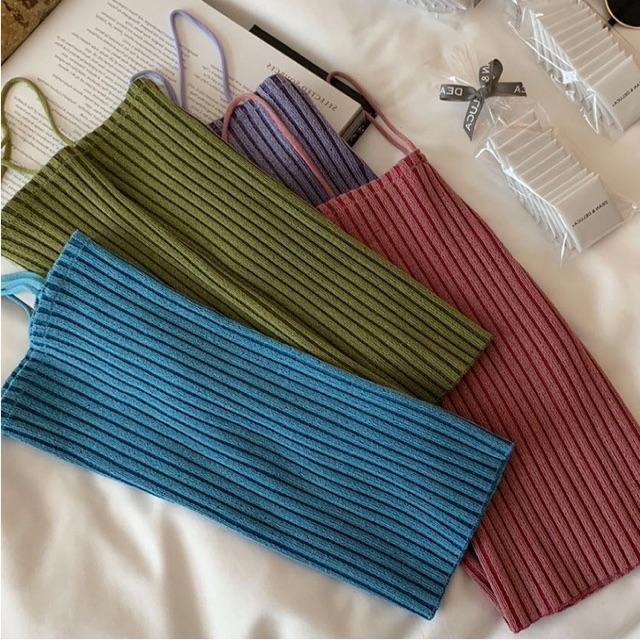 Áo 2 dây bún len sọc croptop
