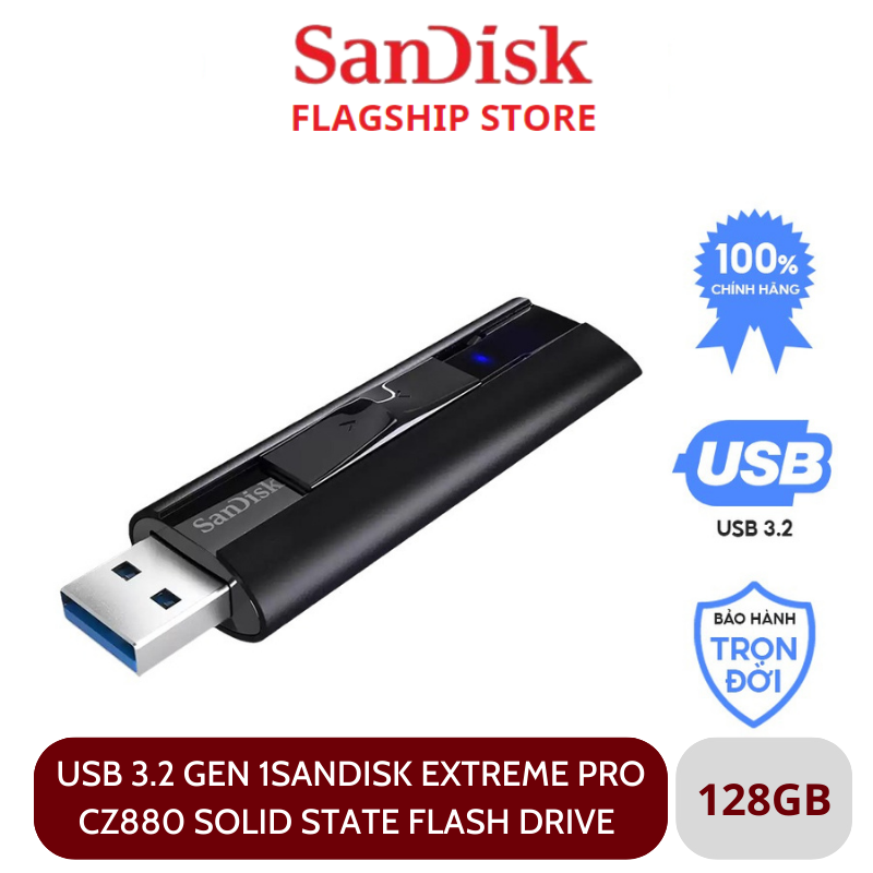 USB 3.2 SanDisk Extreme Pro CZ880, USB 3.2 Gen 1 Solid State Flash Drive - Hàng Chính Hãng