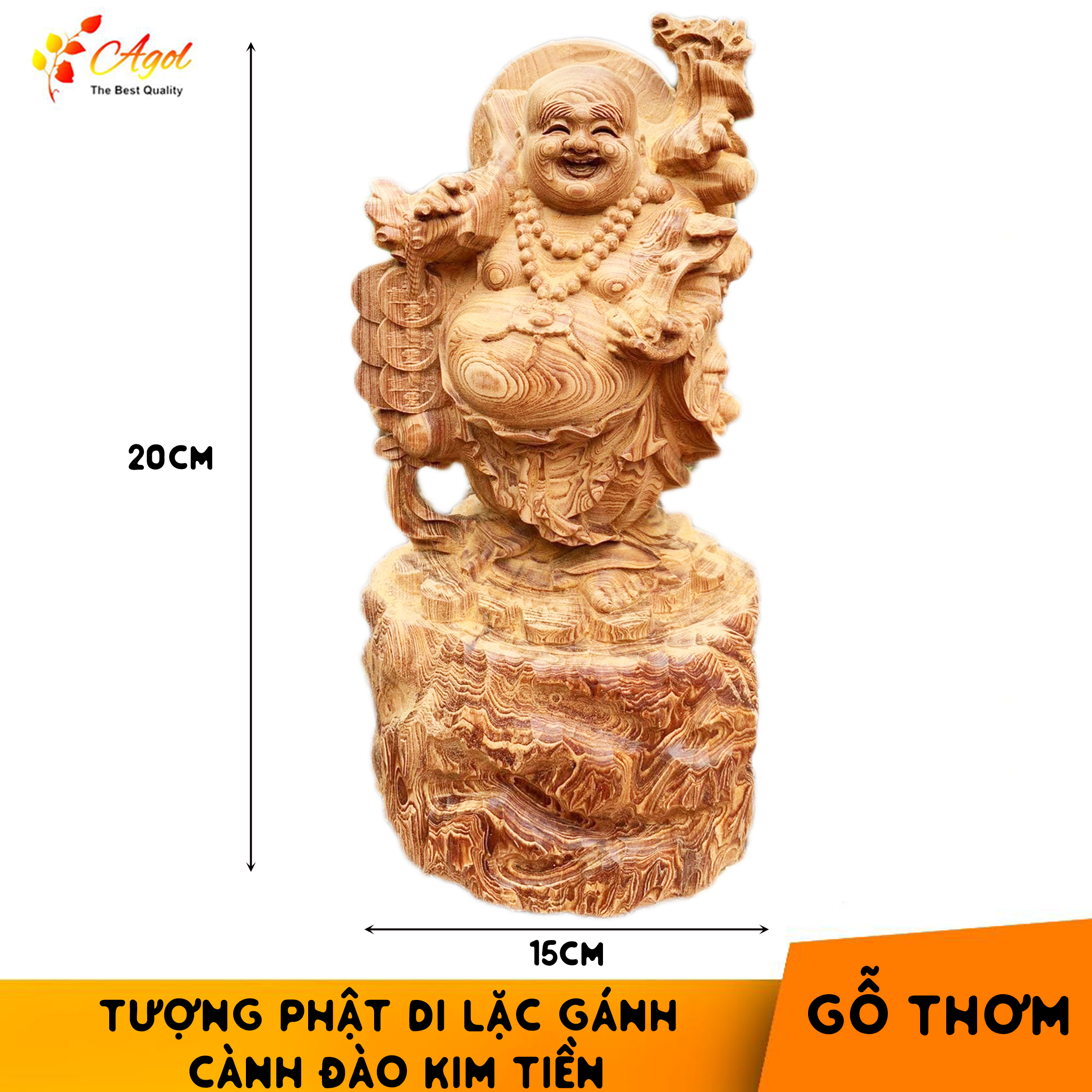 Tượng Phật Di Lặc Gánh Cành Đào Ngũ Lộc Kim Tiền Gỗ Thơm Bách Mộc Ngọc Am - Sản phẩm cao cấp cực thơm