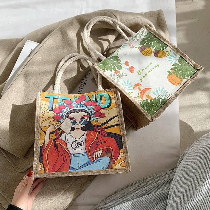 Túi cói đi biển in hình nghệ thuật - thời trang vintage