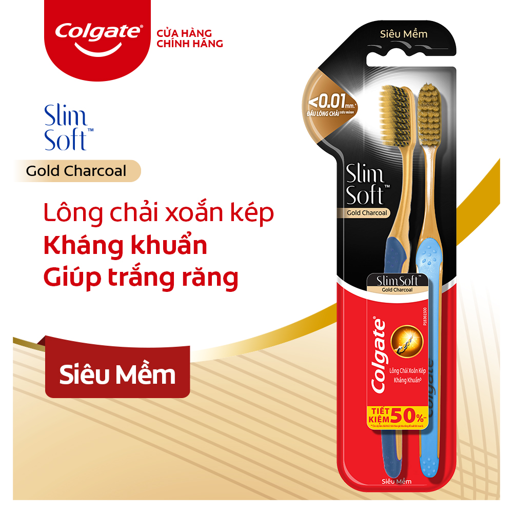 Bộ 2 Bàn chải Colgate Slimsolt Charcoal Gold kháng khuẩn than vàng