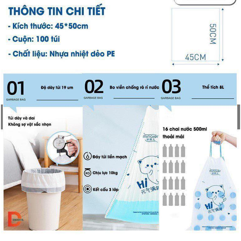 Túi đựng rác có dây rút,Túi đựng rác có qoai Minaier chống rò rỉ nước, không sợ bẩn tay, siêu dai,chịu được nhiệt độ cao