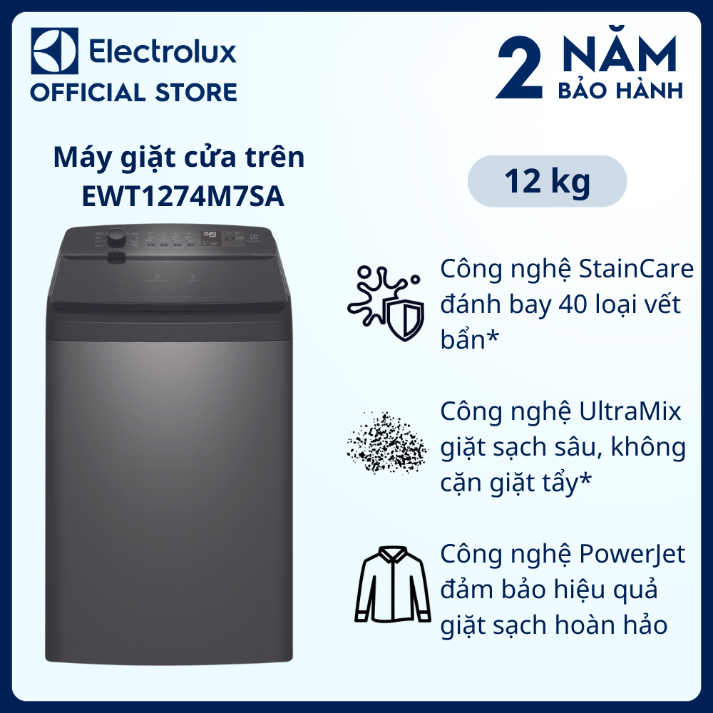 Máy giặt cửa trên Electrolux 12kg UltimateCare 700 EWT1274M7SA - Xám đen, giặt sạch sâu, không cặn giặt tẩy