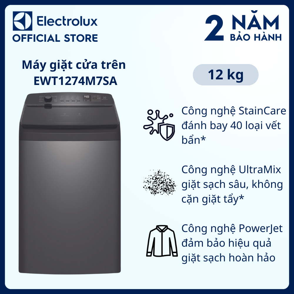 [Free Giao lắp] Máy giặt cửa trên Electrolux 12kg UltimateCare 700 EWT1274M7SA - Xám đen, giặt sạch sâu, không cặn giặt tẩy [Hàng chính hãng]