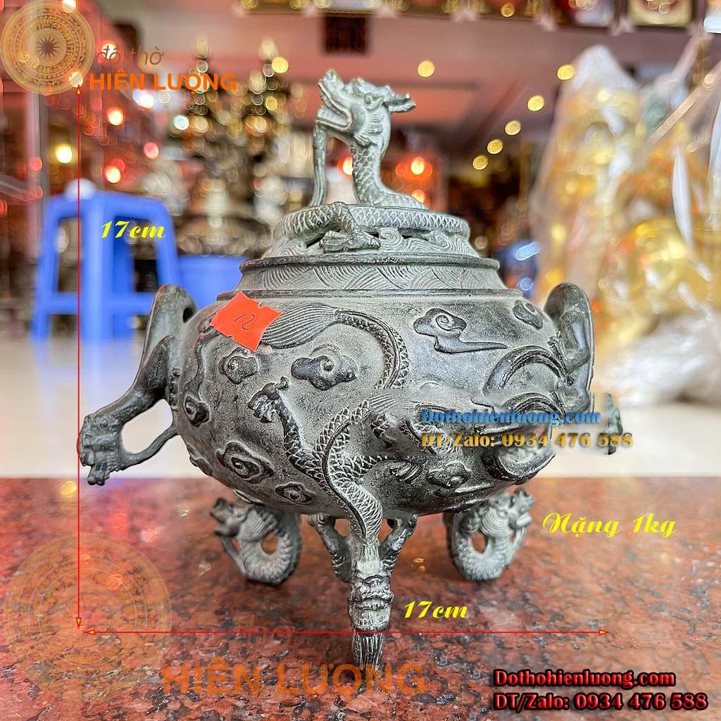 Đỉnh Xông Trầm Nắp Đầu Rồng Và Chân Rồng Màu Giả Cổ Bằng Đồng Đẹp