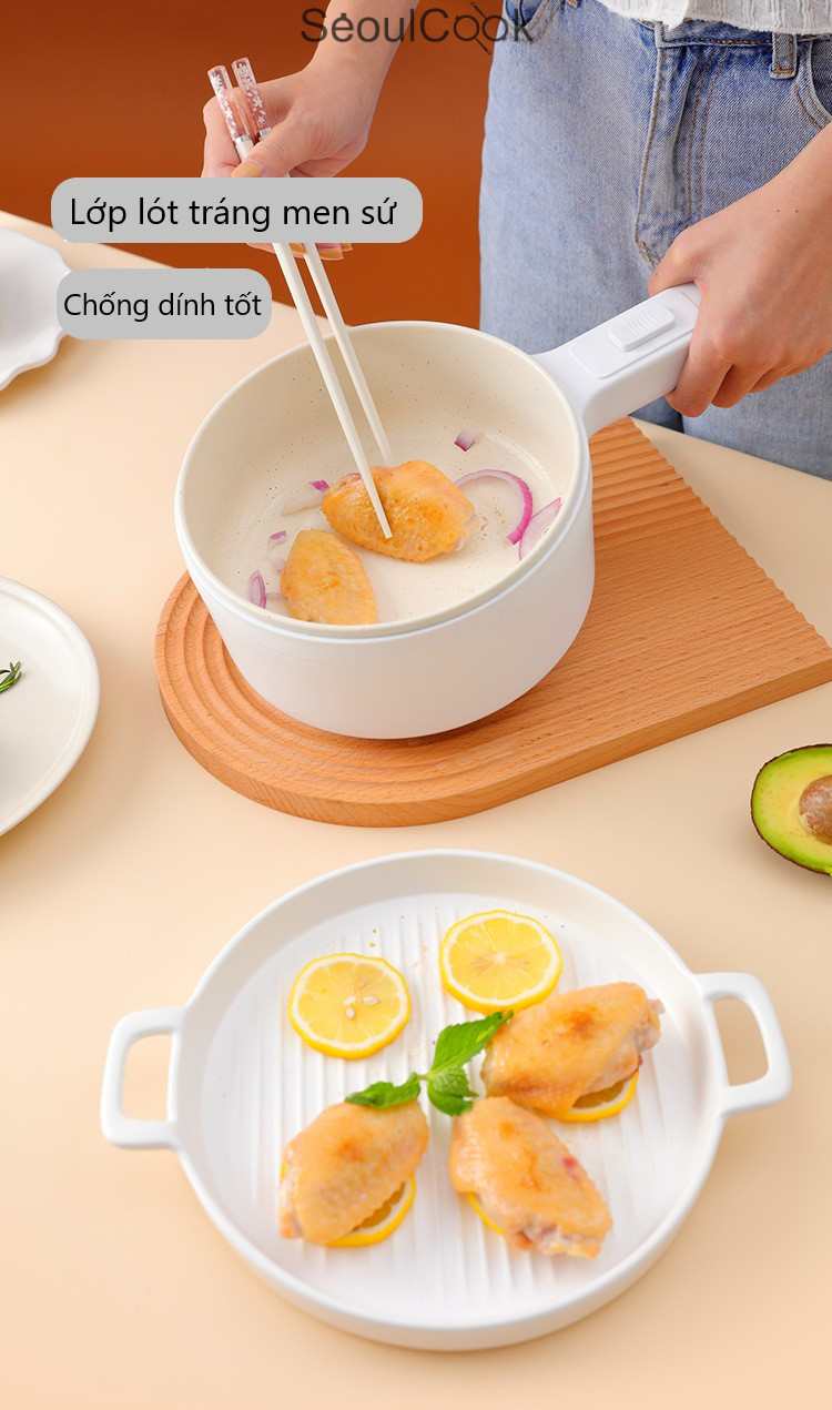 Nồi điện Seoulcook đa năng thông minh tráng men chống dính cao cấp công nghệ Hàn Quốc, kèm lồng hấp dùng nấu soup, chiên, rán…