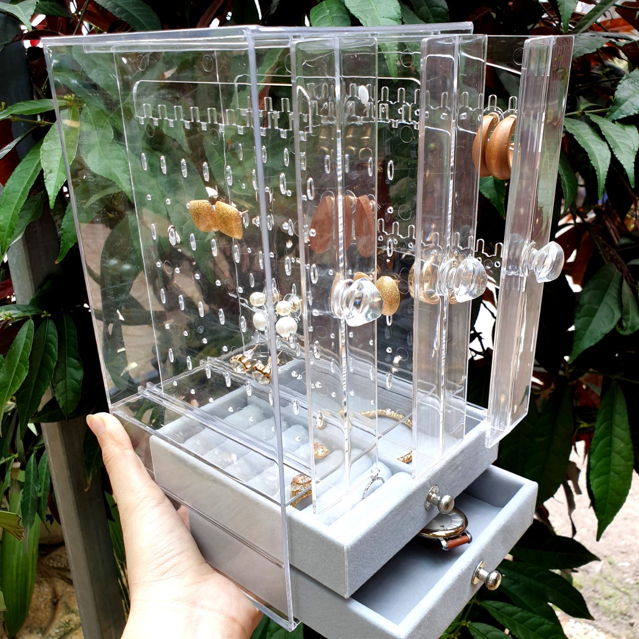 Kệ Đựng BôngTai Nhựa Mica 3 Cánh 2 Ngăn Kéo Trong Suốt Cao Cấp