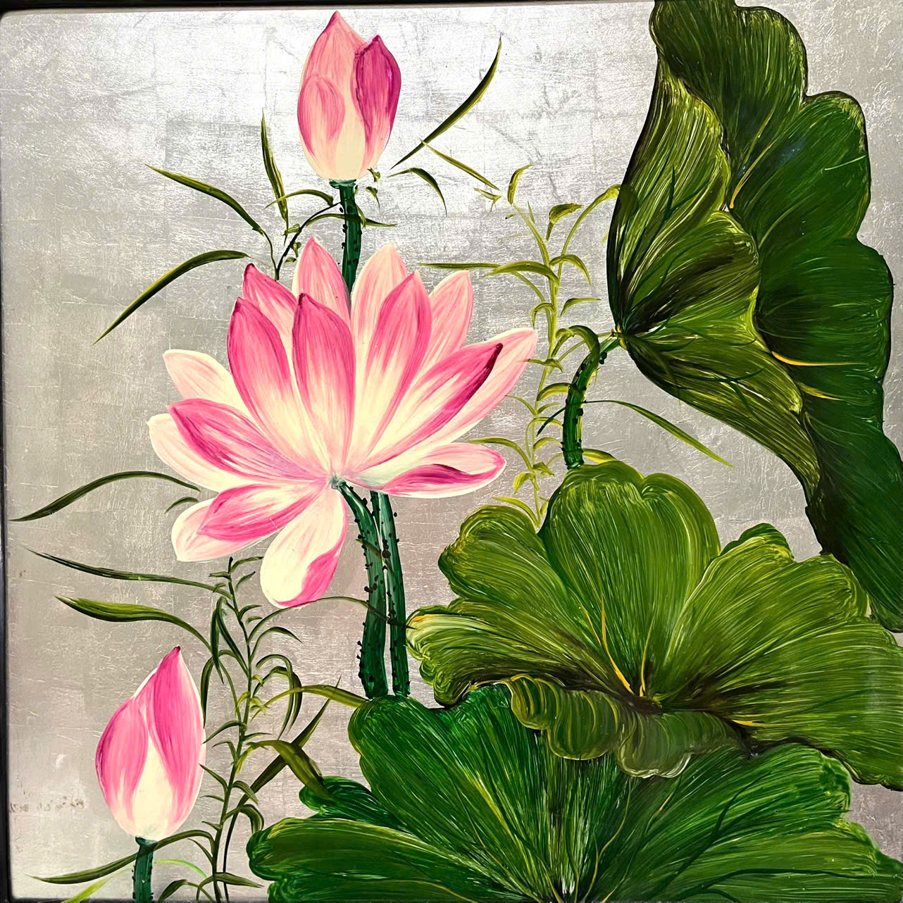 Tranh sơn mài hoa sen size 40x40 cm thích hợp trang trí, làm quà tặng ý nghĩa