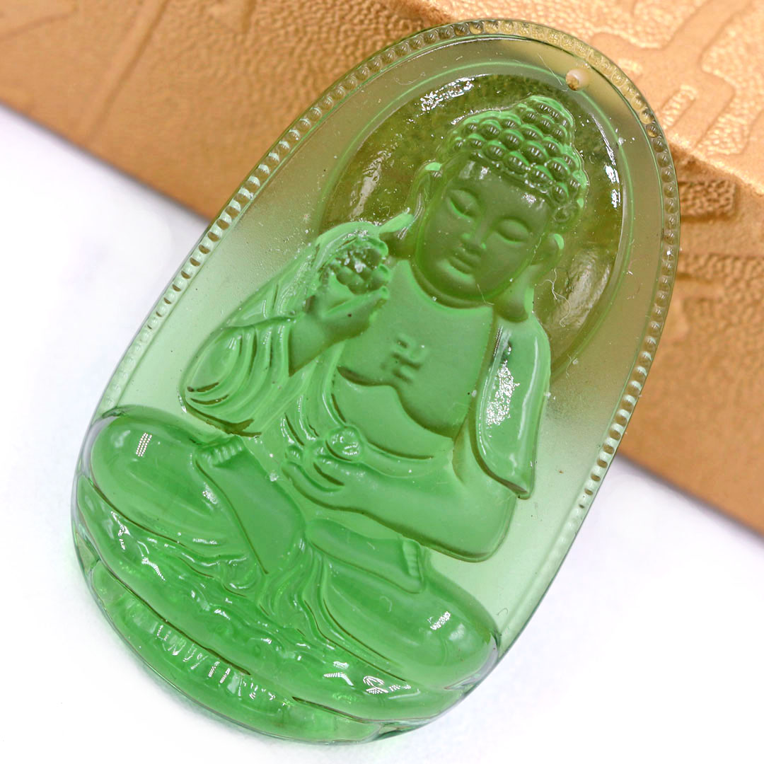 Mặt Phật A di đà thuỷ tinh xanh lá 3.6 cm kèm móc và vòng cổ dây cao su xanh lá, Mặt Phật bản mệnh