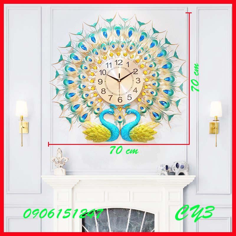 Đồng hồ treo tường trang trí decor chim công CY3 Khổng Tước xanh kích thước 70 x 70 cm