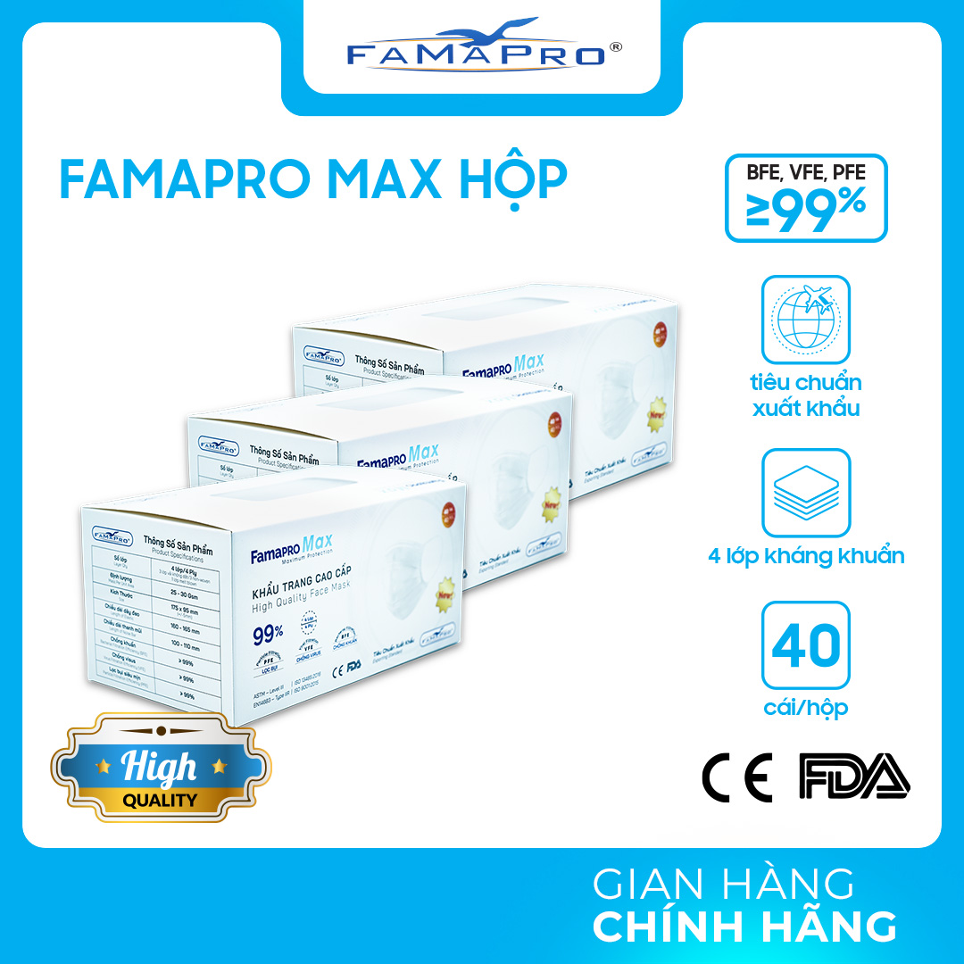 [HỘP – FAMAPRO MAX] – Khẩu trang y tế kháng khuẩn 4 lớp Famapro Max (40 cái/ hộp) – COMBO 3 HỘP