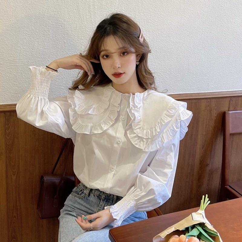 Áo Sơ Mi Trắng Kiểu nữ Công Sở YURITA Dài Tay Bồng Bo Chun From Rộng Cổ Bèo Tầng Tiểu Thư Hàn Quốc UIzzang Vintage