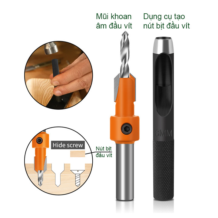 Mũi khoan gỗ, nhôm bắt âm đầu mũ vít D8mm có dụng cụ tạo nút bịt thông minh tiện dụng