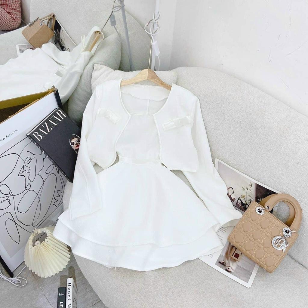 Set đầm dạ trắng 2 dây dáng xòe kèm khoác crop dạ tay dài tiểu thư dự tiệc cưới hẽm house
