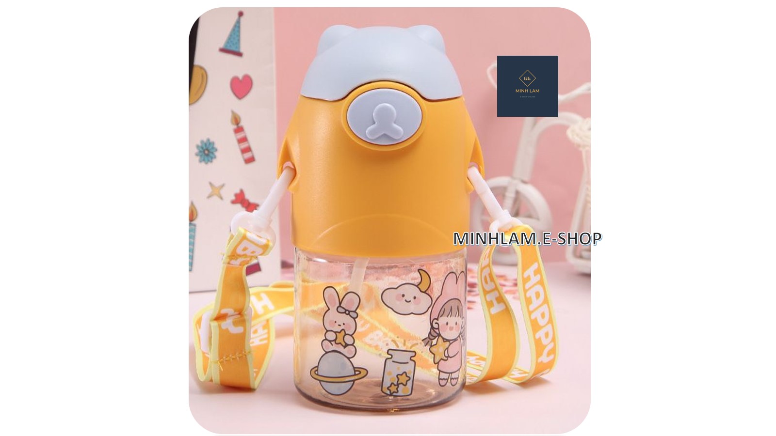 Bình Nước Gấu Ngộ Nghĩnh cho bé_Có Quai Đeo_650ML_Kèm Sticker dán