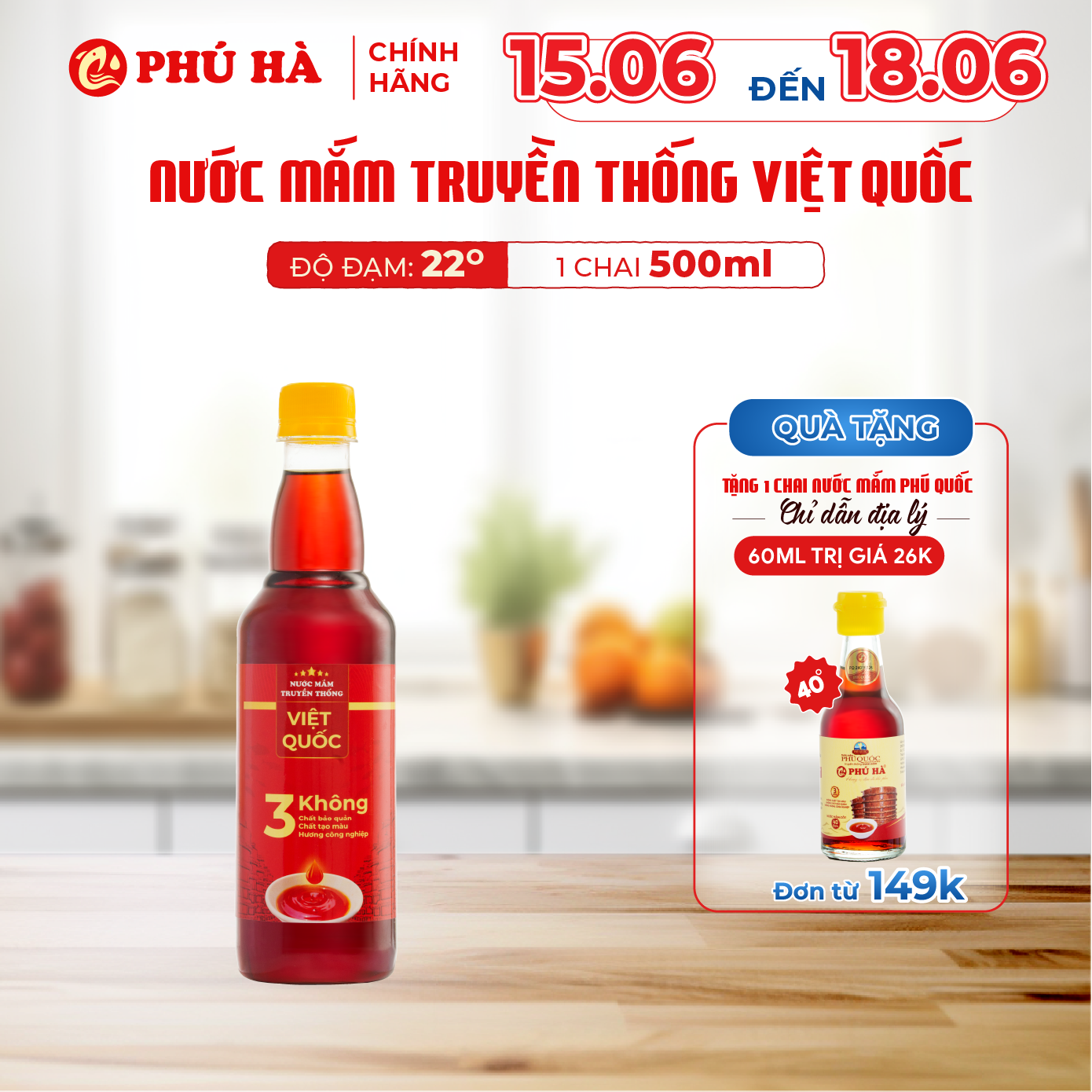 Nước mắm truyền thống Việt Quốc Phú Hà 22 độ đạm - 1 Chai 500ml