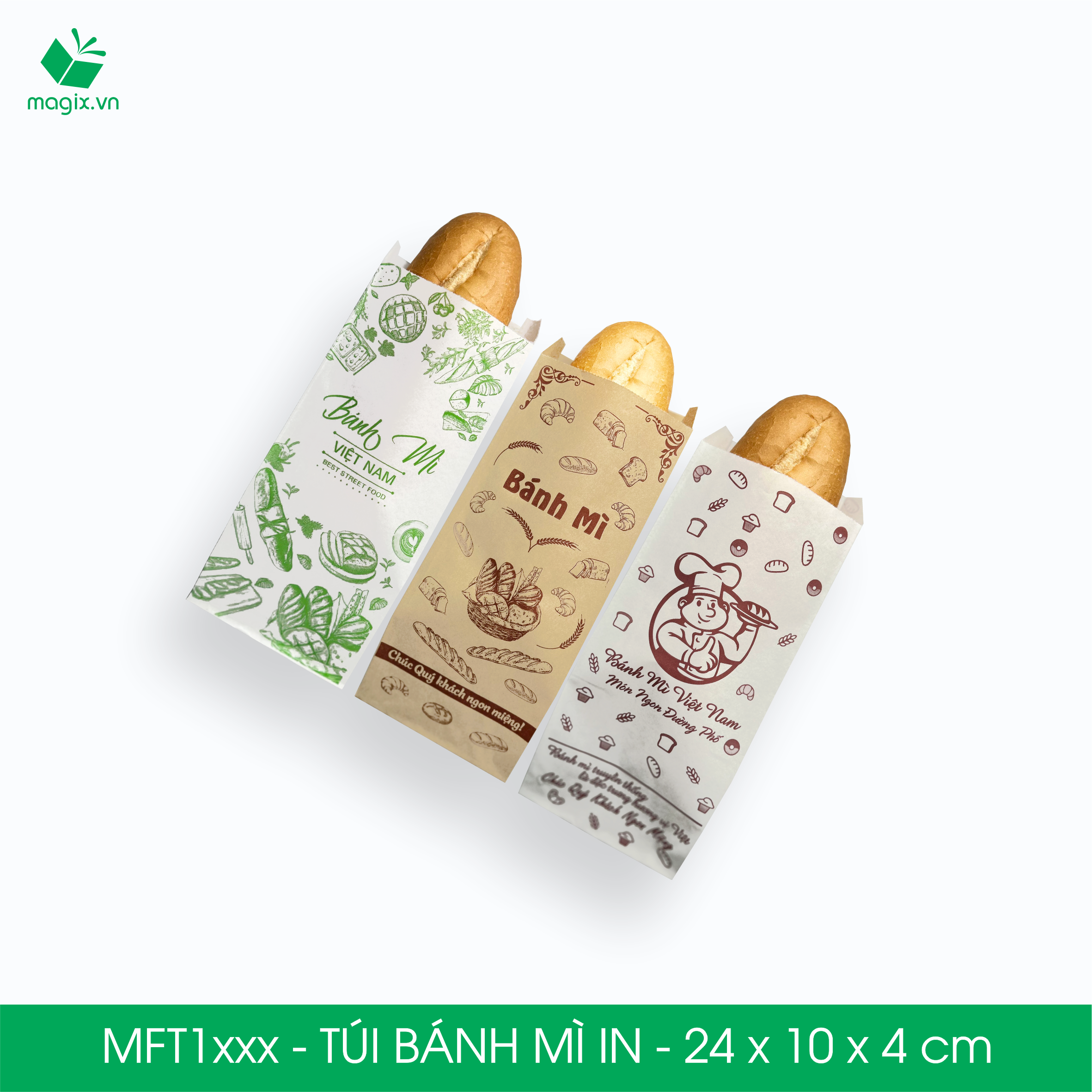 Combo 100 Túi bánh mì in - 24x10x4 cm - In sẵn họa tiết nhiều mẫu - Bao bánh mì Túi giấy thực phẩm an toàn