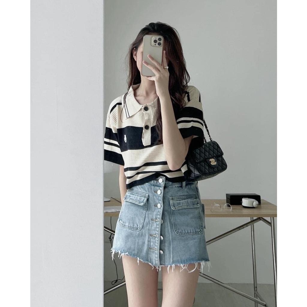 Áo len kẻ polo cộc tay - Áo croptop nữ len dệt kim dáng rộng tay ngắn kiểu cổ đức phong cách Hàn Quốc