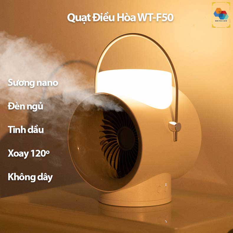 Quạt không dây tạo ẩm WT-F50 kết hợp tinh dầu tạo hương thơm, tự đông xoay 120º, 3 cấp độ gió, kiêm đèn ngủ, hàng chính hãng