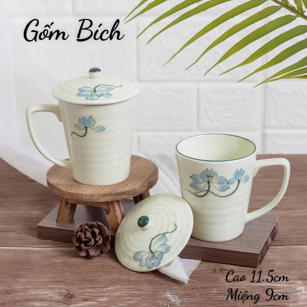 Cốc Sứ Uống Nước Kèm Nắp Đậy Men Kem Vẽ Hoa - Gốm Sứ Bát Tràng