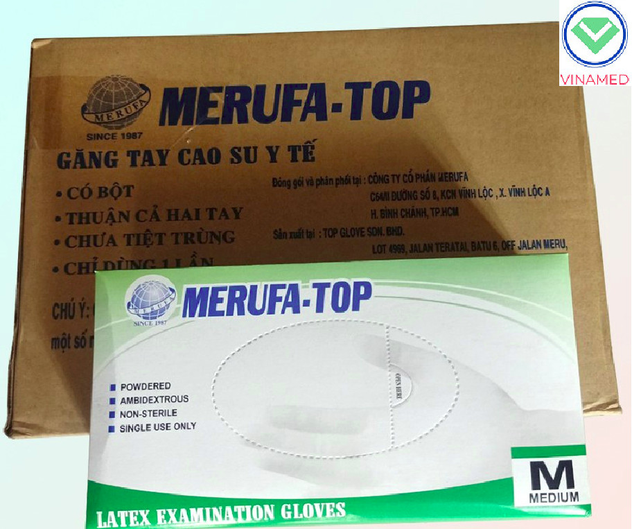 Găng tay latex có bột Merufa hộp 100 chiếc giá tốt 2021