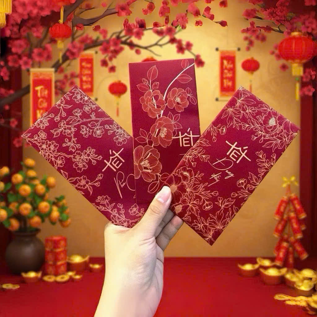 Bao Lì Xì Chữ Tết Họa Tiết Gấm Hoa Đỏ May Mắn 2026