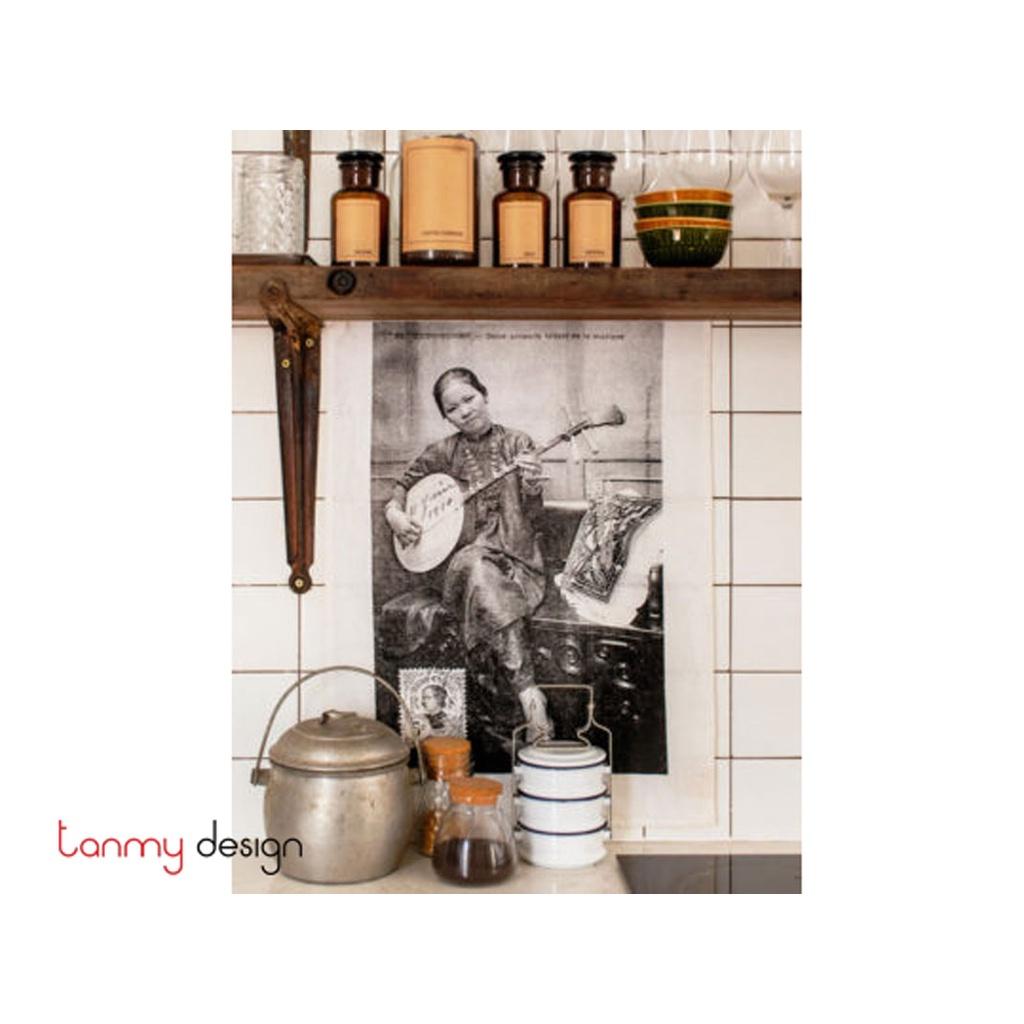 Khăn lau tay nhà bếp in hình Indochine đen trắng-Tân Mỹ Design shop.