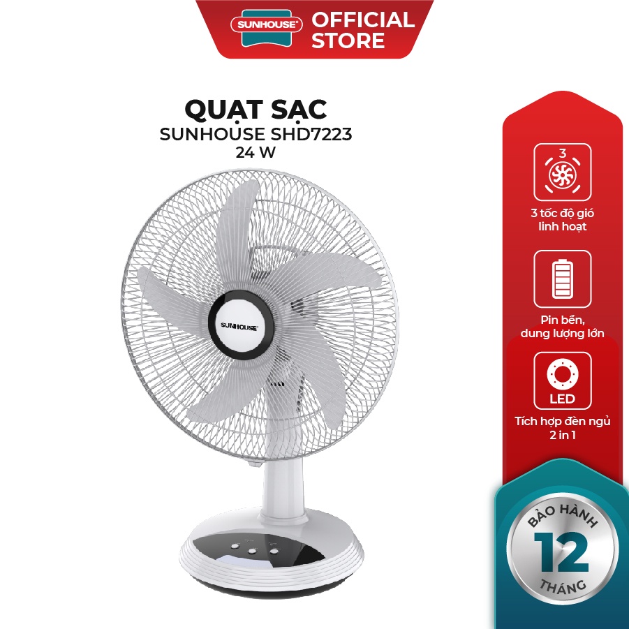 Quạt sạc tích điện SUNHOUSE SHD7223 kiêm đèn ngủ, công suất 24W pin lên đến 16 giờ - Hàng chính hãng