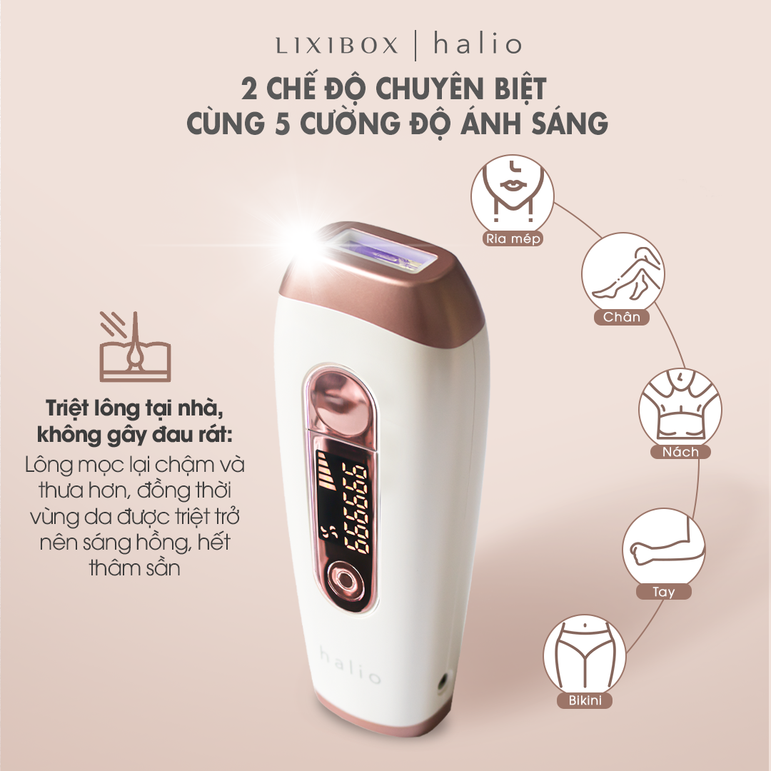 PINK BEAUTY BOX - Da Xinh Mịn Màng (Combo Máy Triệt Lông Halio IPL, Nến Thơm, Bao Tay Lụa Okame, Thanh Lăn, Băng Đô)