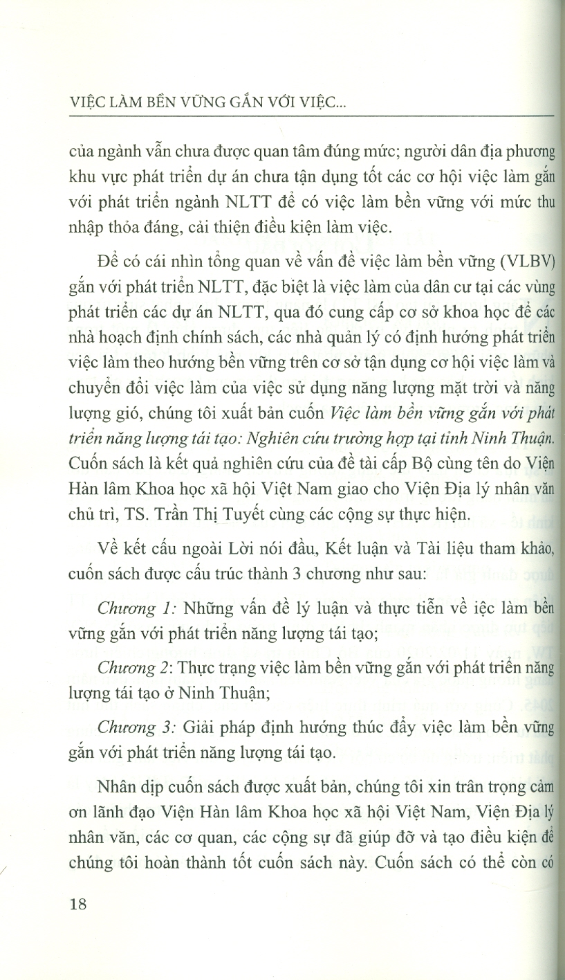 Việc Làm Bền Vững Gắn Với Việc Phát Triển Năng Lượng Tái Tạo (Nghiên Cứu Trường Hợp Tại Tỉnh Ninh Thuận) - TS. Trần Thị Tuyết chủ biên