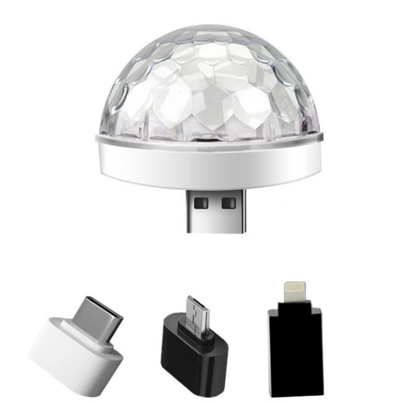 Bóng đèn Led USB cảm biến âm thanh đa sắc màu, chiếu phòng karaoke, sân khấu mini - Tặng đầu chuyển Android + Type-C + Lightning(Apple) sử dụng cho điện thoại