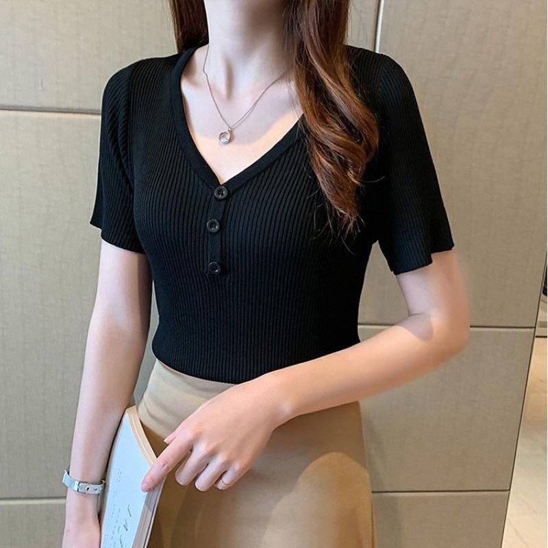 Áo dệt kim len tăm nữ tay ngắn polo Hàn Quốc 2021