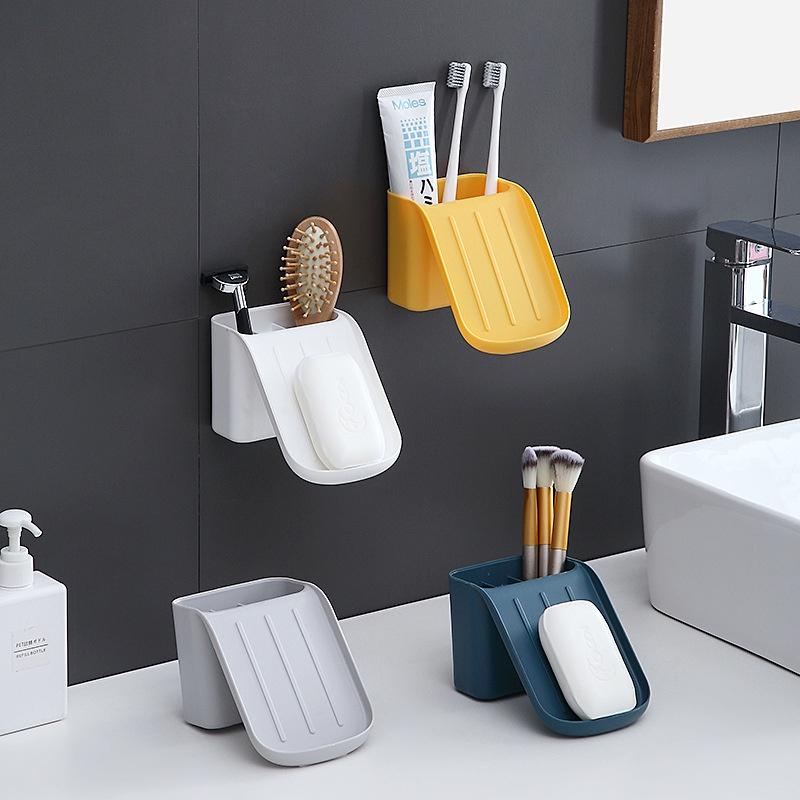 Khay Đựng Xà Phòng / Bàn Chải Đánh Răng Bằng Nhựa Gắn Tường Không Cần Khoan Lỗ Đa Năng