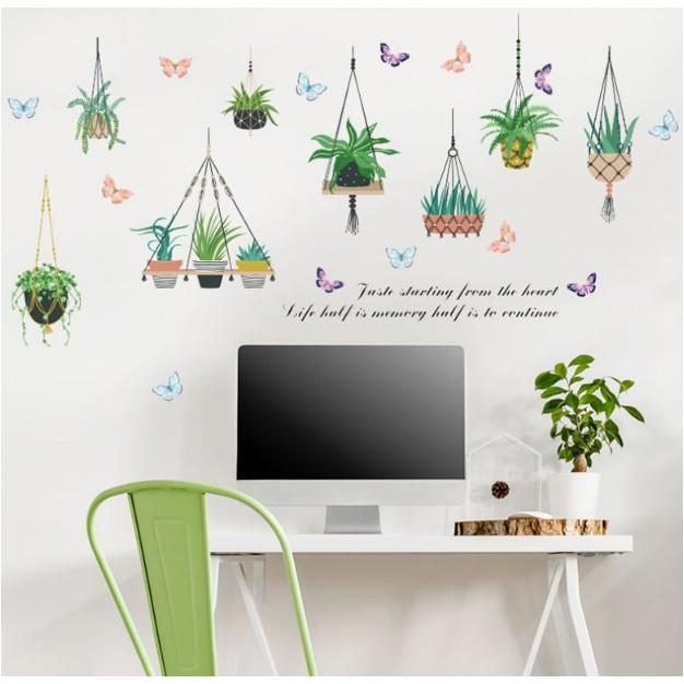 Decal trang trí tường - Nhiều Dây Treo Chậu Kiểng lá cỏ độc đáo