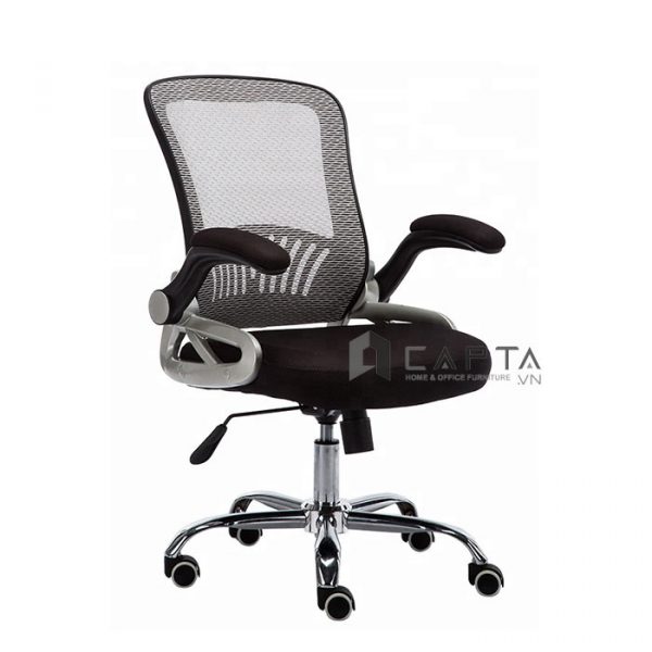 Ghế xoay văn phòng dành cho nhân viên CE4275-M Nội thất Capta Ghế làm việc lưng trung lưới màu cam nệm vải xốp màu đen khung nhựa xi màu xám bạc chân thép mạ chrome