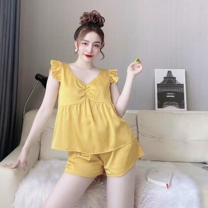 DỄ THƯƠNGSet đồ ngủ nhún nơ tay cánh tiên quần đùi đồ bộ lụa satin cao cấp mặc nhà freesize 58kg