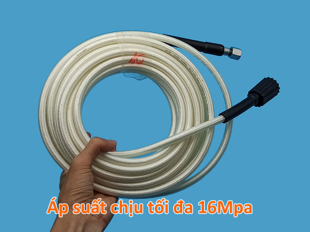 Dây rửa xe áp lực 16MPa 10m, lõi nhựa bọc dù, một đầu ren trong to M22, một đầu ren trong nhỏ M14