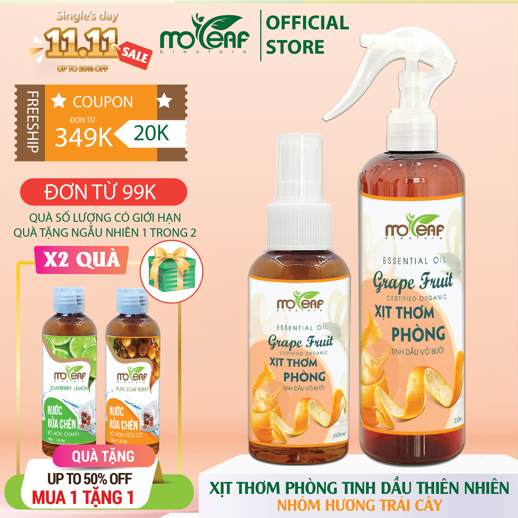 Xịt Thơm Phòng Tinh Dầu Vỏ Bưởi Moleaf Khử Mùi Thơm Mát Hỗ Trợ Giải Cảm 250ml