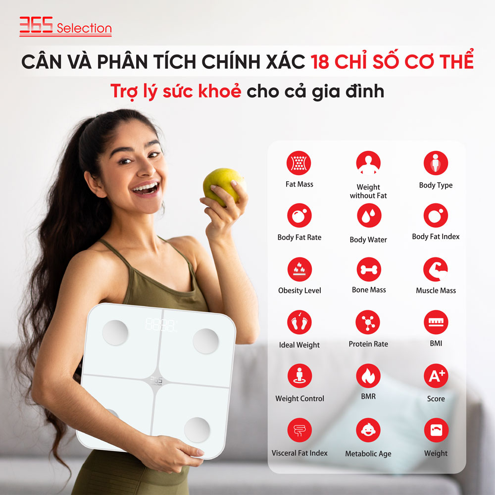 Cân điện tử thông minh 365 Selection WS1 / WS2 - Đo 18 chỉ số cơ thể, Màn hình led hiển thị - HÀNG CHÍNH HÃNG